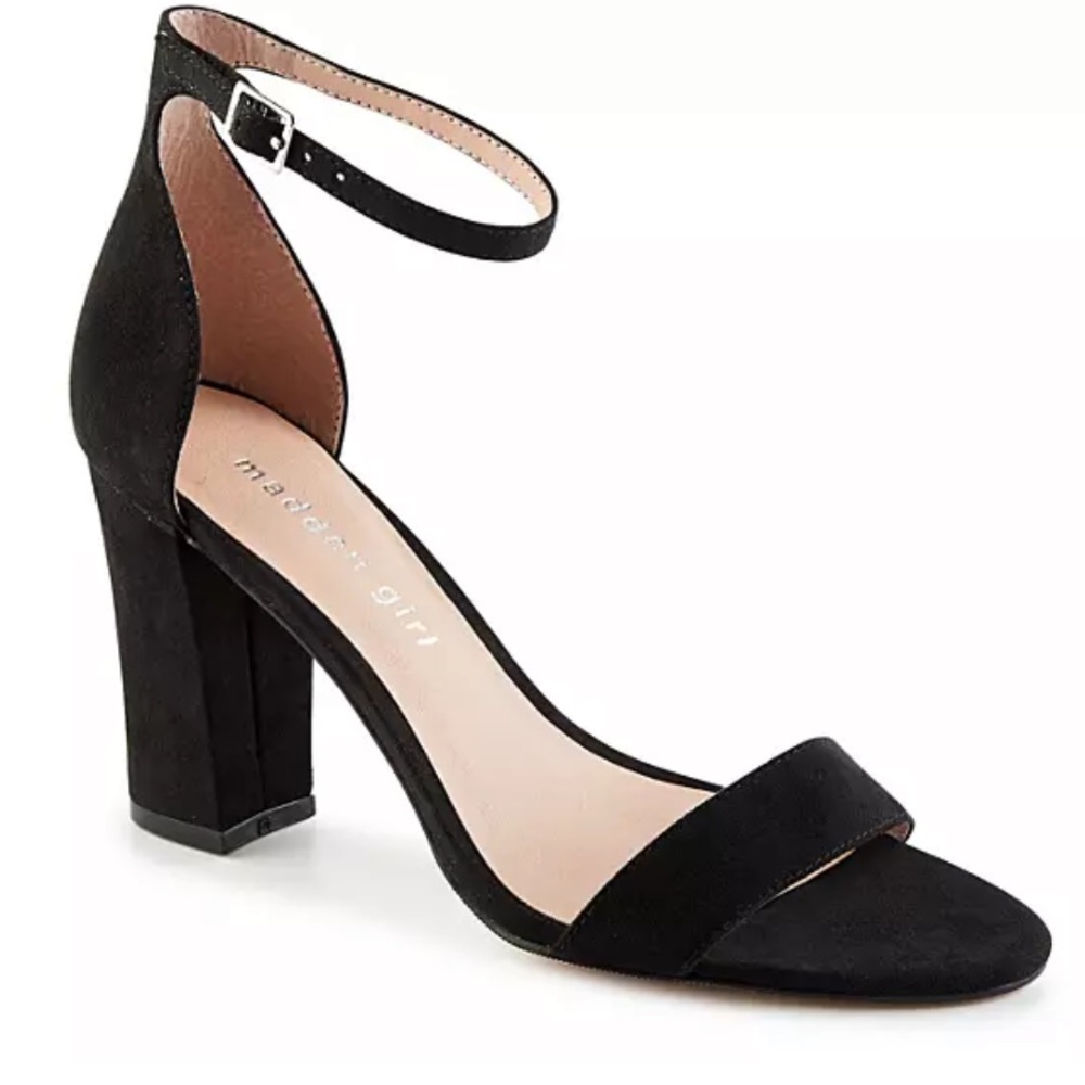 Madden Girl Black Suede Ankle Strap Block Heel Sandals
